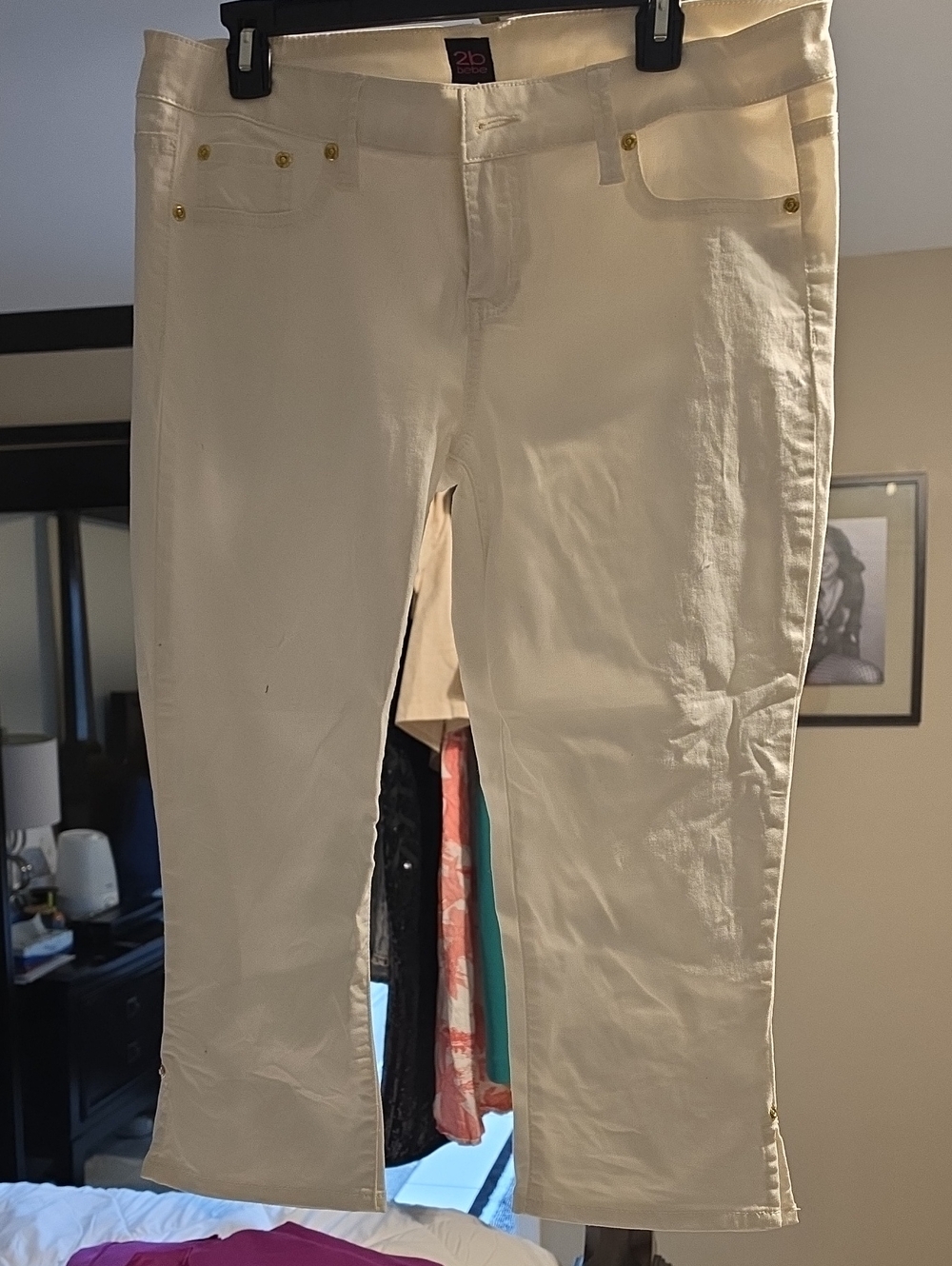 2B Bebe Cream Cropped Straight Ankle Jeans with Gold Buttons
